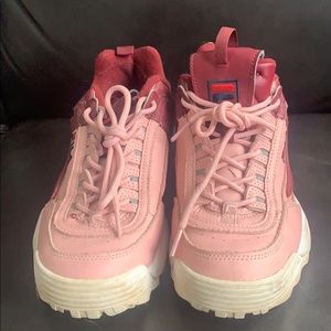 Pink and burgundy Fila Disruptors
